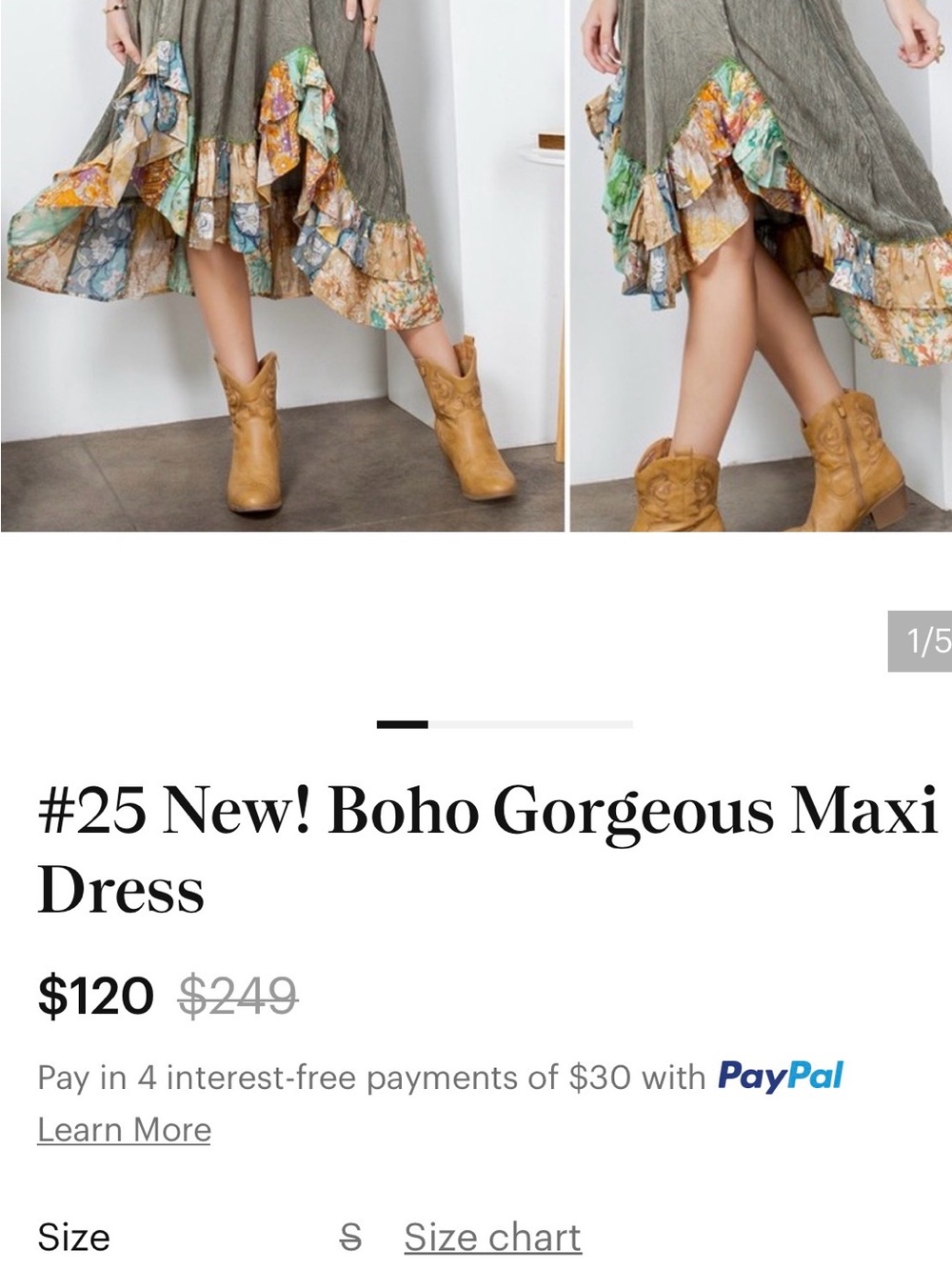 Boho V-Neck Olive Paisley Ruffle Maxi Dress NWOT Sz S . Will fit Sz M - Picture 6 of 6